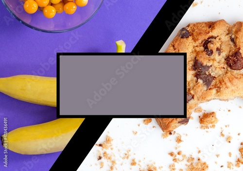 Illustration with cookie, banana and tomatoes, blank rectangle in middle