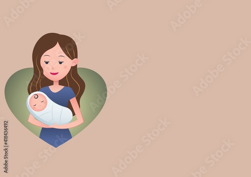 Illustration of woman with baby with copy space on cream background