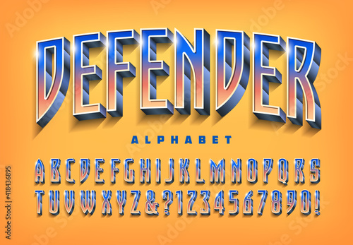 Defender is an alphabet design with gradients and shiny highlights. Good for superhero, sporting, or game logos.