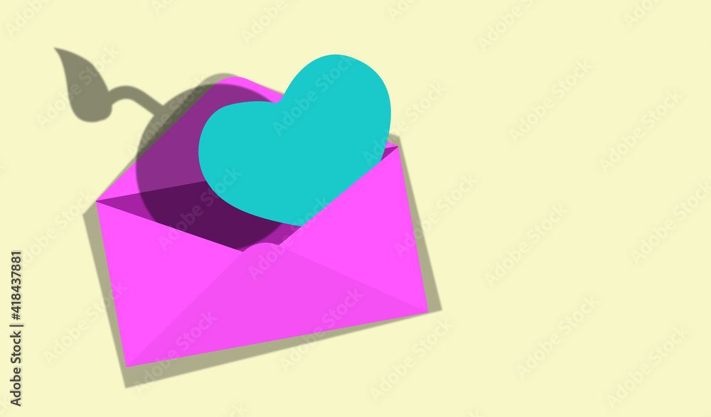 Heart and envelope isolated on soft background. Illustration to congratulate or communicate love, affection and passion. Symbol of feeling. Bomb shadow, toxic relationship, caution.