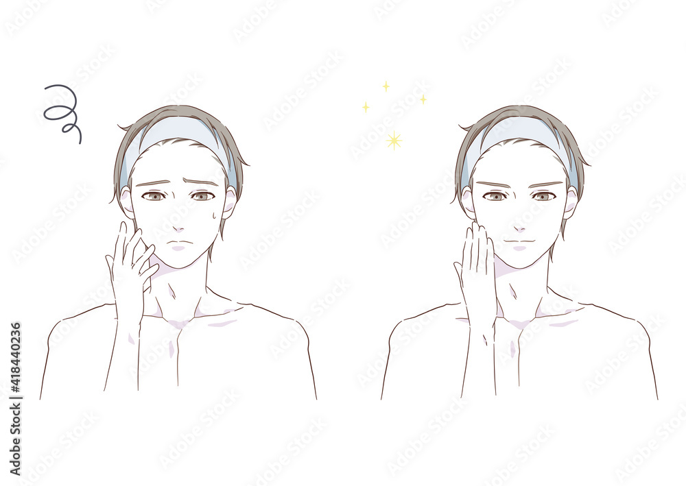 男性の美容イメージイラスト素材　ビフォーアフター（手あり）