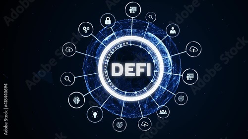 DeFi -Decentralized Finance on dark blue abstract polygonal background. Concept of blockchain, decentralized financial system. photo