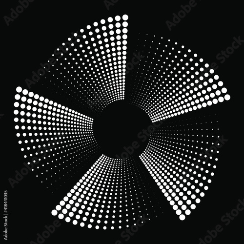 White halftone dotted stripes in fan form. Geometric art. Trendy design element for frame, logo, blackout tattoo, symbol, web, prints, posters, template, pattern and abstract background