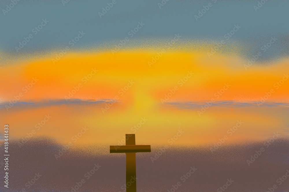 The cross and the sunset evening, illustration