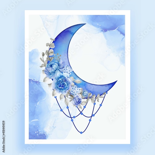 Watercolor half moon with blue flower