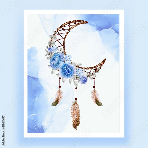 Watercolor dream catcher flower blue feather