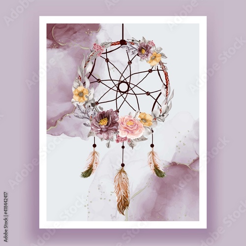 Watercolor dream catcher flower purple pink feather