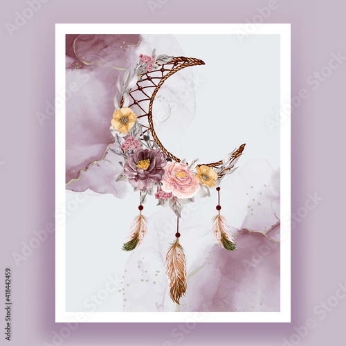 Watercolor dream catcher flower purple pink feather