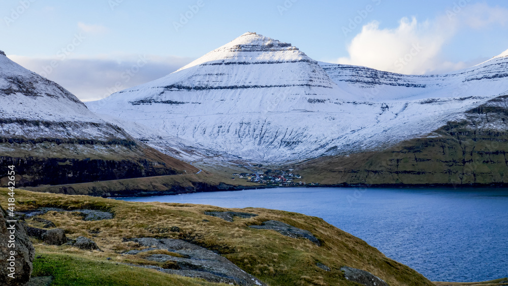 Mountains and a small village, Faroe Island