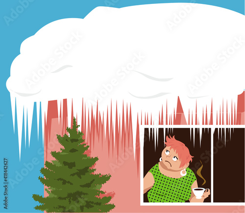 Worried woman looking at ice and snow accumulated on the roof of her house, EPS 8 vector illustration