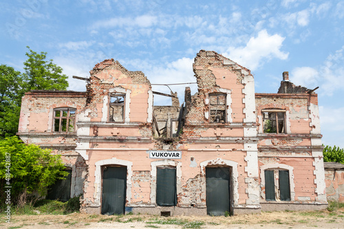 Canvastavla Vukovar train station, heavily ruined and damaged following the Serbia Croatia war