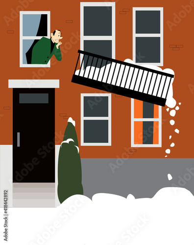 Concerned man looking at his balcony giving up under a weight of accumulated snow,  EPS 8 vector illustration