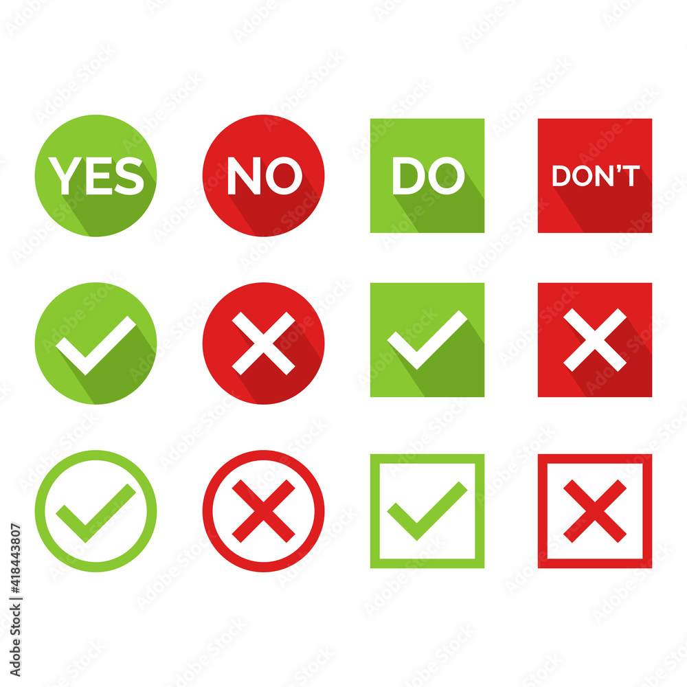 Flat vector illustration of a yes or no icon. Perfect for design element from tips and tricks article, infographic, tutorial, pros and cons and choosing guide. Cross and check icon set. Flat vector illustration of a yes or no icon. Perfect for design element from tips and tricks article, infographic, tutorial, pros and cons and choosing guide. Cross and check icon set.