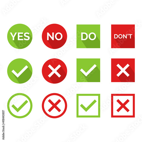Flat vector illustration of a yes or no icon. Perfect for design element from tips and tricks article, infographic, tutorial, pros and cons and choosing guide. Cross and check icon set.