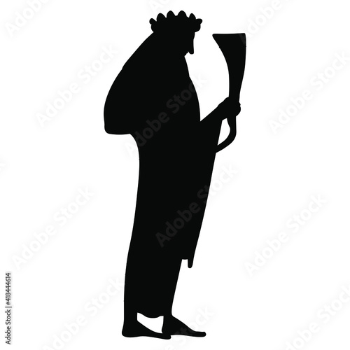 Ancient Greek god Dionysus or Bacchus holding rhyton of wine. Black silhouette on white background.