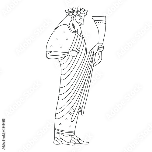 Ancient Greek god Dionysus or Bacchus holding rhyton of wine. Vase painting style. Black and white linear silhouette.