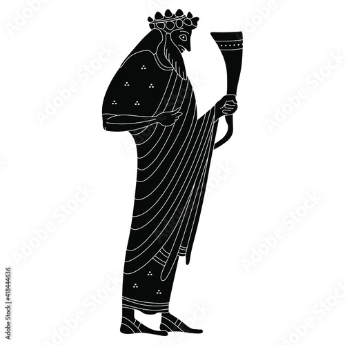 Ancient Greek god Dionysus or Bacchus holding rhyton of wine. Vase painting style. Black and white silhouette.