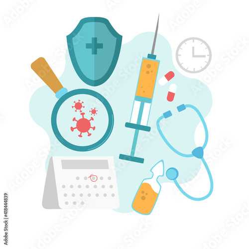 Vaccine for influenza, measles, diphtheria, or rabies. Syringe with a vaccination calendar and doctors, bottle, and virus. Vaccination.