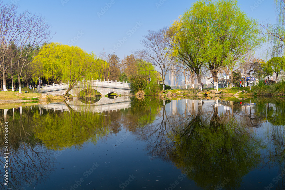Spring scenery of Yuehu Park in Hanyang, Wuhan, Hubei, China