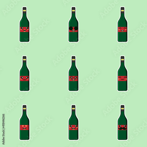 cute and kawaii wine bottle cartoon character flat style vector illustration. funky smiling glass wine bottle character design template for wine menu or wine map