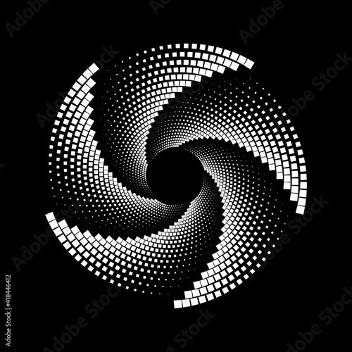 White halftone dotted shape in spiral form. Geometric art. Trendy design element for frame, logo, blackout tattoo, symbol, web, prints, posters, template, pattern and abstract background