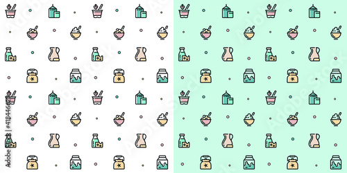 Seamless vector patterns of milk icons. Milk background, color icons, background of farm products. Cartoon pattern. A pattern for packaging dairy products.
