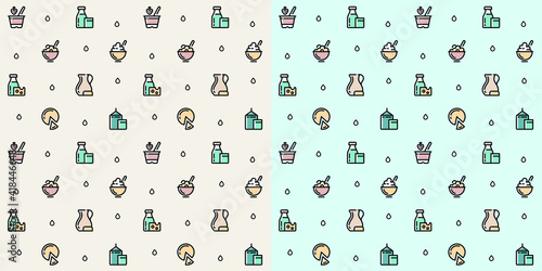 Seamless vector patterns of milk icons. Milk background, color icons, background of farm products. Cartoon pattern. A pattern for packaging dairy products.