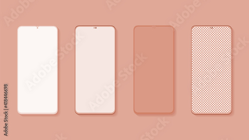 Realistic pink smartphone mockup. Mobile phone display, device screen frame and black smartphones vector 3D template illustration set. Communication mean, modern gadget model presentation photo