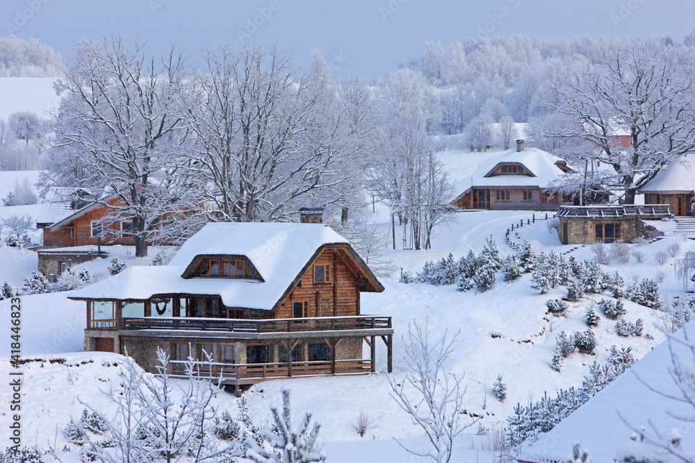 Eco-friendly village in the winter forest