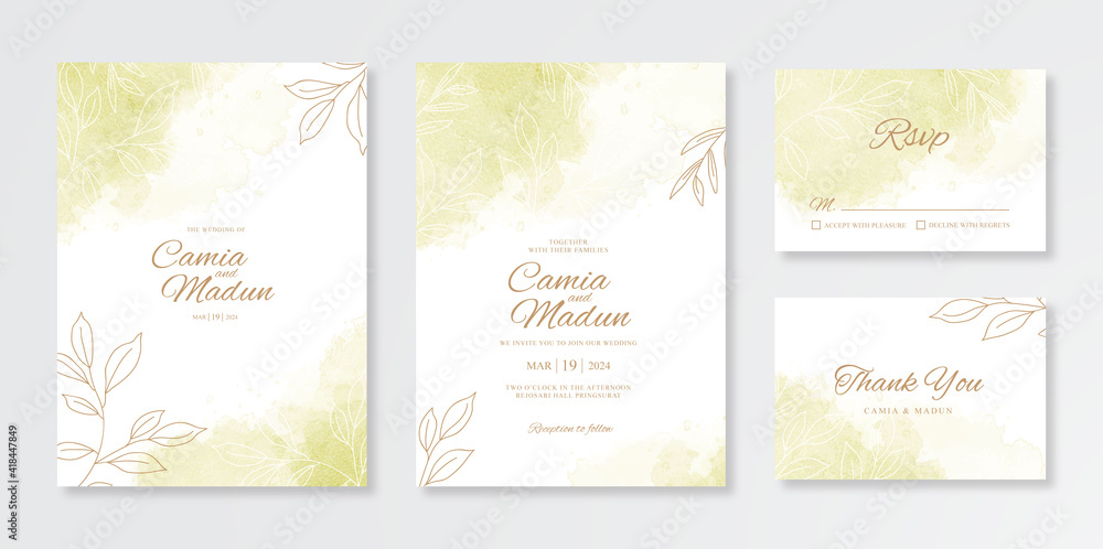 Wedding invitation set template with watercolor splash and hand drawn