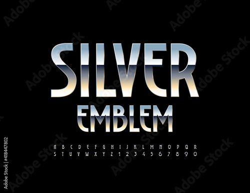 Vector business logo Silver Emblem. Elegant Metallic Font. Reflective Alphabet Letters and Numbers set