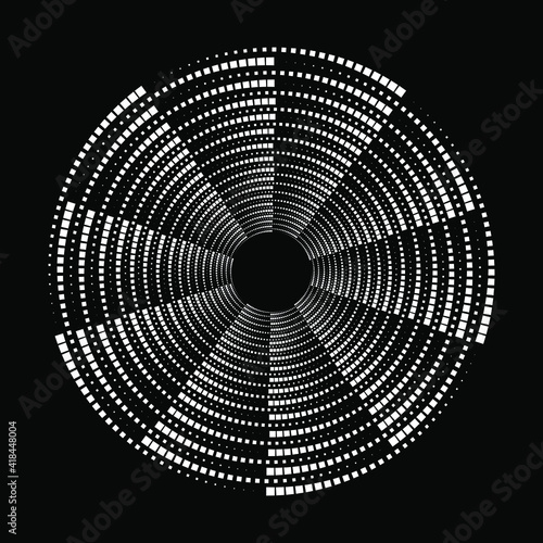 White halftone dotted shape in circle form. Geometric art. Trendy design element for frame, logo, blackout tattoo, symbol, web, prints, posters, template, pattern and abstract background