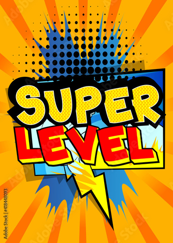 Gaming level, Game progress related words, quote on Comic book style background. Poster, banner, template. Cartoon explosion expression. Vector illustrated.