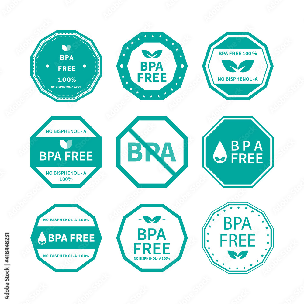Set of BPA FREE Logo. No Bisphenol A 100%. Flat vector icon for non-toxic plastic. Logo and badge for drinking water bottle, packaging plastic. Polygon design shape. Vector illustration.