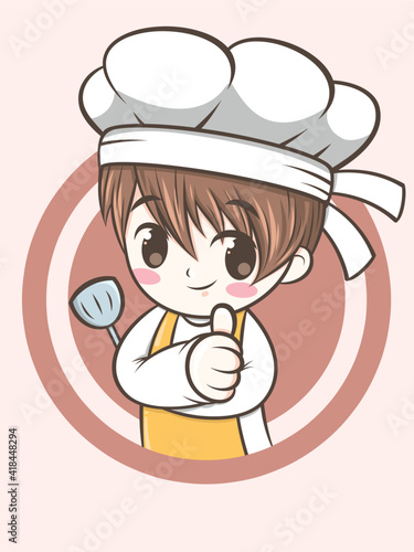 cute chef boy holding a spatula - chef cartoon