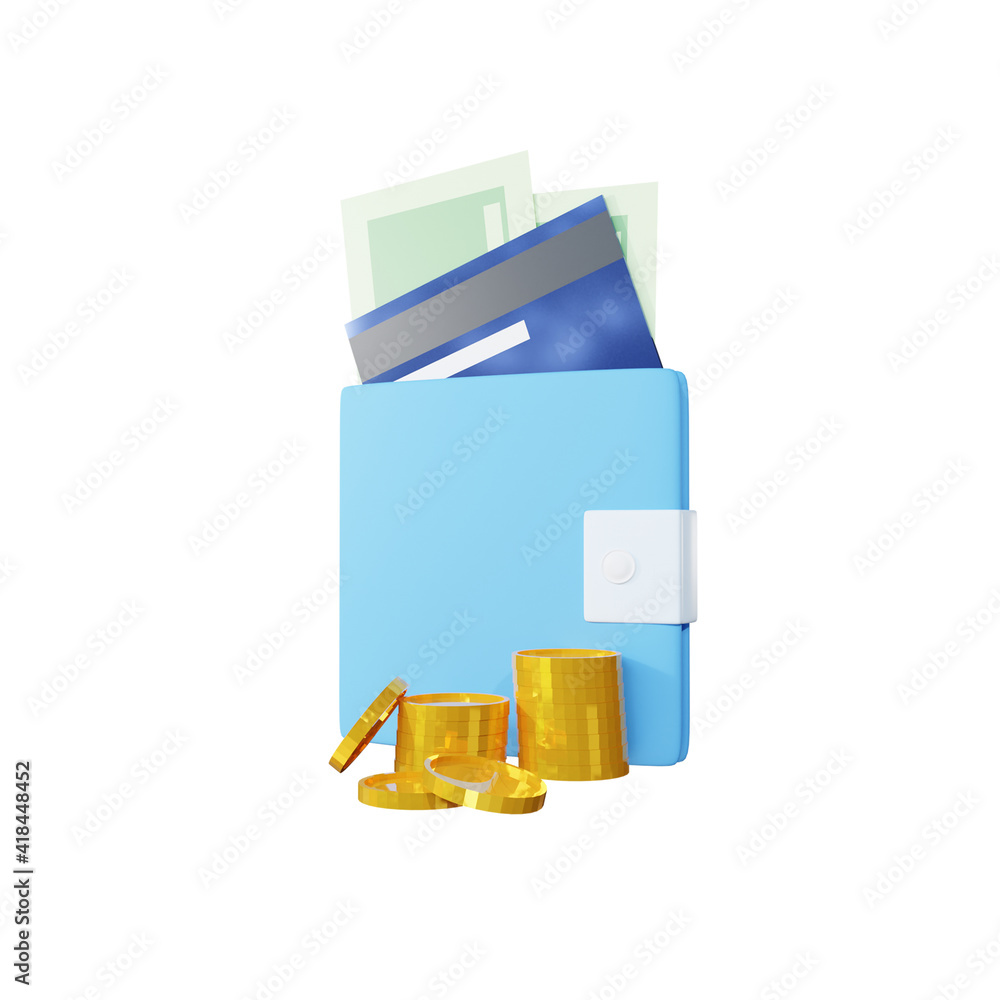 3D rendered 3D image of wallet, coin, money, and card 3D rendered 3D image of wallet, coin, money, and card