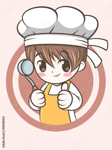 cute chef boy holding a ladle soup - chef cartoon