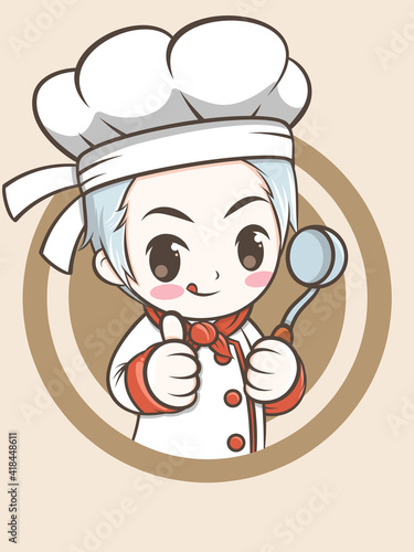 cute chef boy holding a ladle soup - chef cartoon