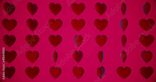 Romantic pattern with polygonal red hearts. For Valentine's Day event. Loop animation 4k. 3D rendering 3D illustration