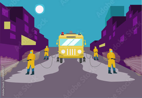 Decontamination of a neighborhood concept. Personnel sprays disinfectant in a street. Editable Clip Art.