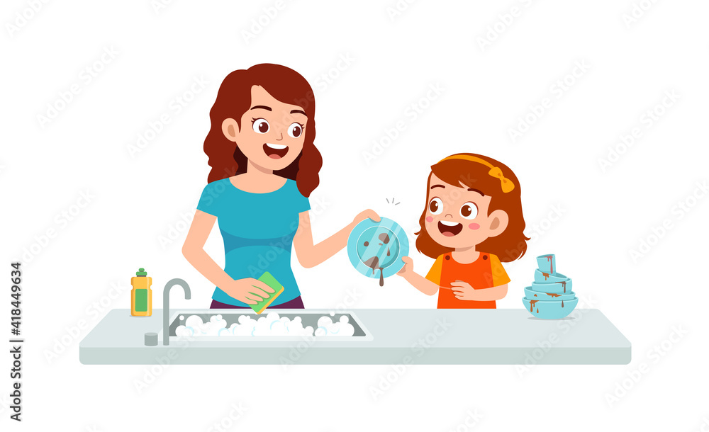 happy cute little girl washing dish with mother happy cute little girl washing dish with mother