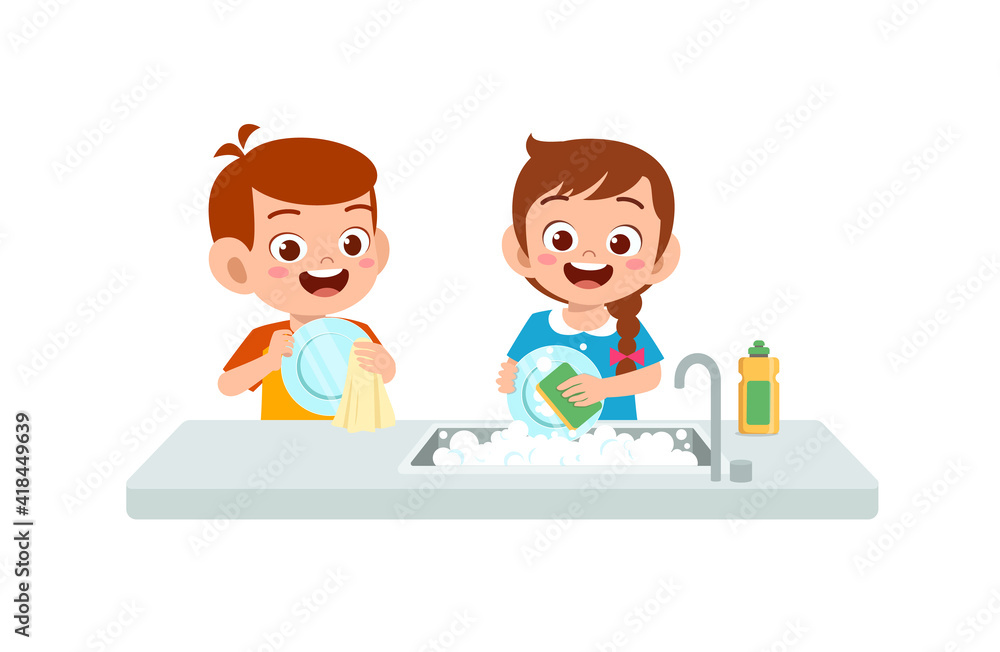 happy cute little boy and girl washing dish together happy cute little boy and girl washing dish together