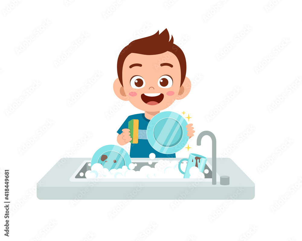 happy cute little boy washing dish in the kitchen happy cute little boy washing dish in the kitchen