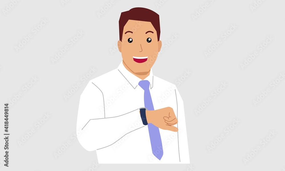 Businessman look at his watch to check the time. Vector flat illustration Businessman look at his watch to check the time. Vector flat illustration