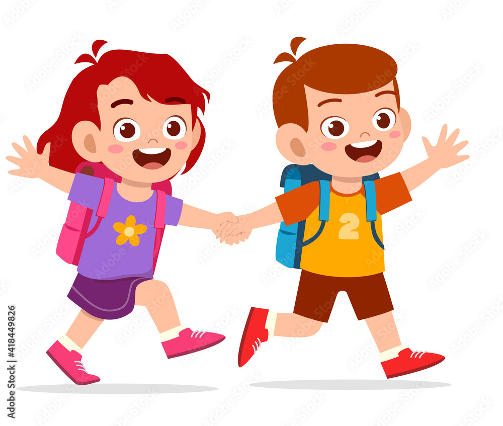 cute kid boy and girl holding hand and go to school together cute kid boy and girl holding hand and go to school together