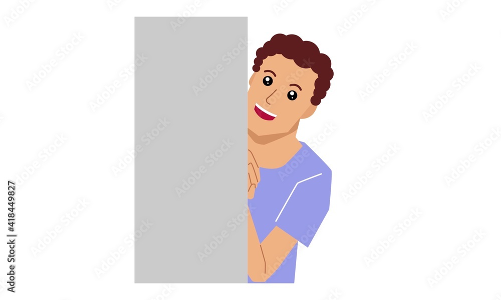 Boy hides behind the wall. Vector flat illustration Boy hides behind the wall. Vector flat illustration
