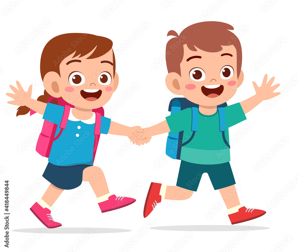 cute kid boy and girl holding hand and go to school together