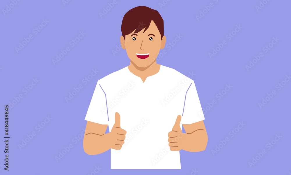Obraz premium Young man making thumbs up sign with both hands. Vector flat illustration
