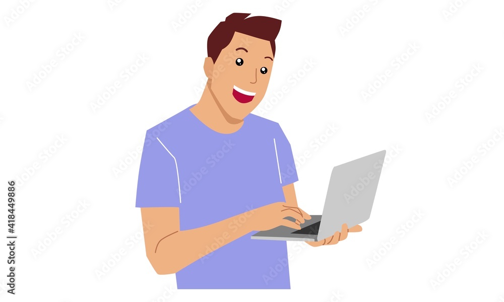 Man at his desk is working on the laptop computer. Vector flat illustration Man at his desk is working on the laptop computer. Vector flat illustration