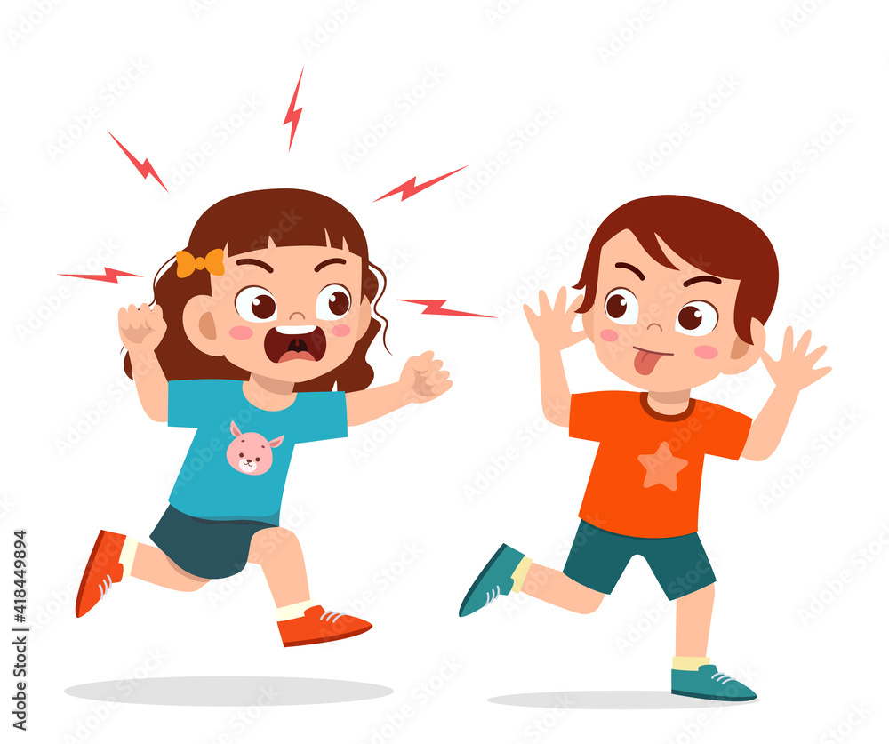 bad little boy run and show grimace face to angry friend bad little boy run and show grimace face to angry friend